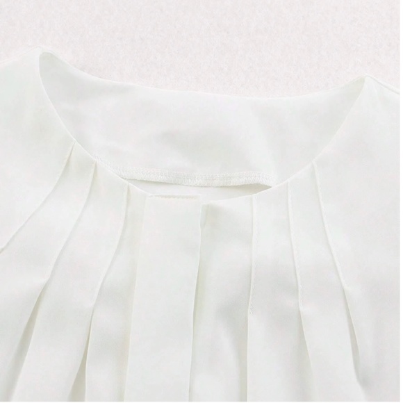 White Hidden Button Down Short Long Sleeve Pleated Details - Picture 7 of 12